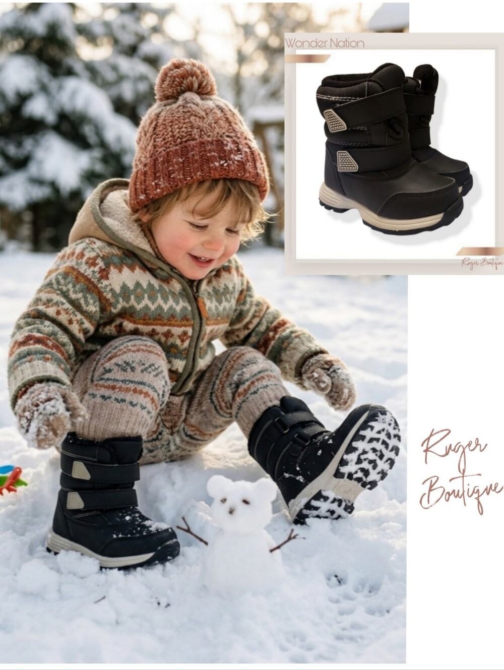 🌿Wonder Nation Toddler Size 6 Winter Boots Black White Snow Boots